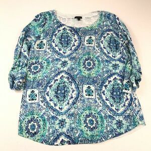 Talbots Sweater 3/4 Sleeve Roll Tab Paisley Print Casual Pullover Womens Medium